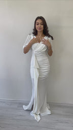 Balon Kol Simli Drapeli Volan Detay Balık Abiye Elbis