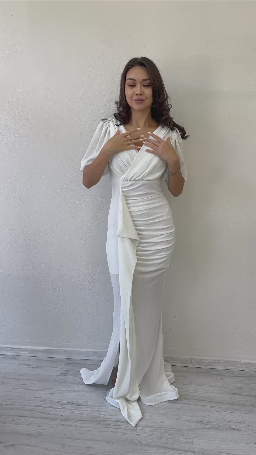 Balon Kol Simli Drapeli Volan Detay Balık Abiye Elbis