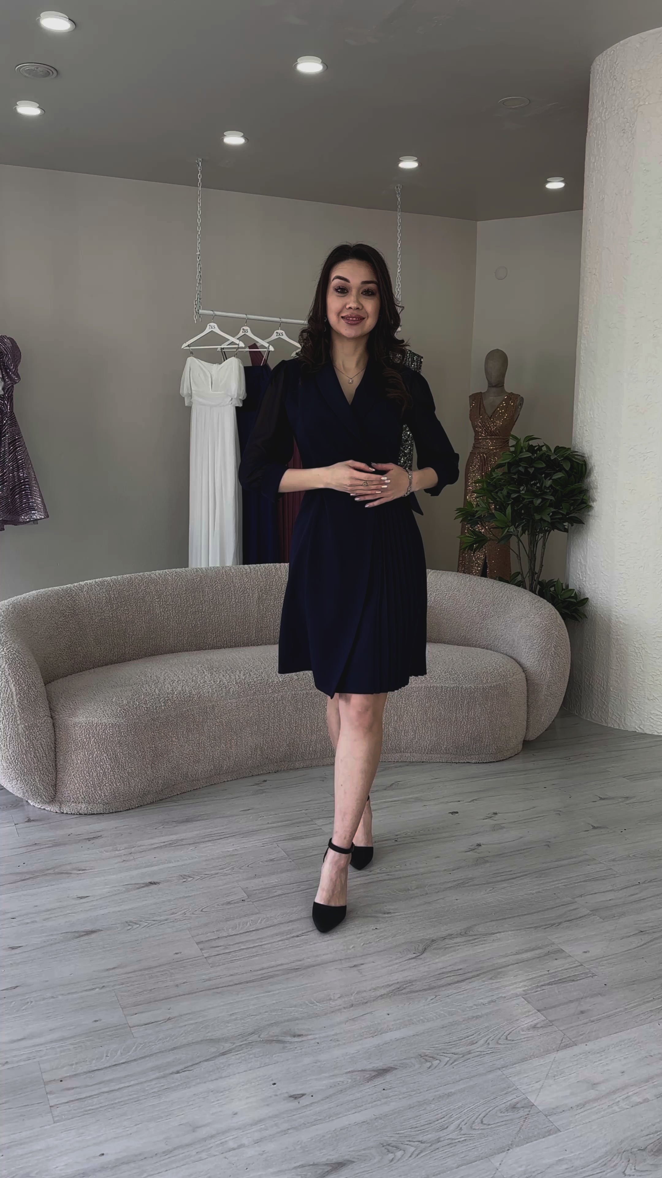 Lacivert Gümüş Tokalı Uzun Kollu Piliseli Ceket Elbise