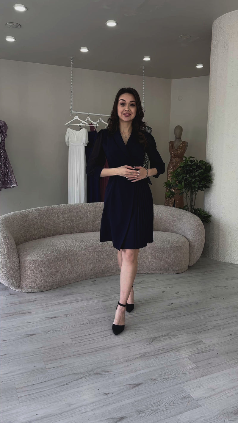 Lacivert Gümüş Tokalı Uzun Kollu Piliseli Ceket Elbise