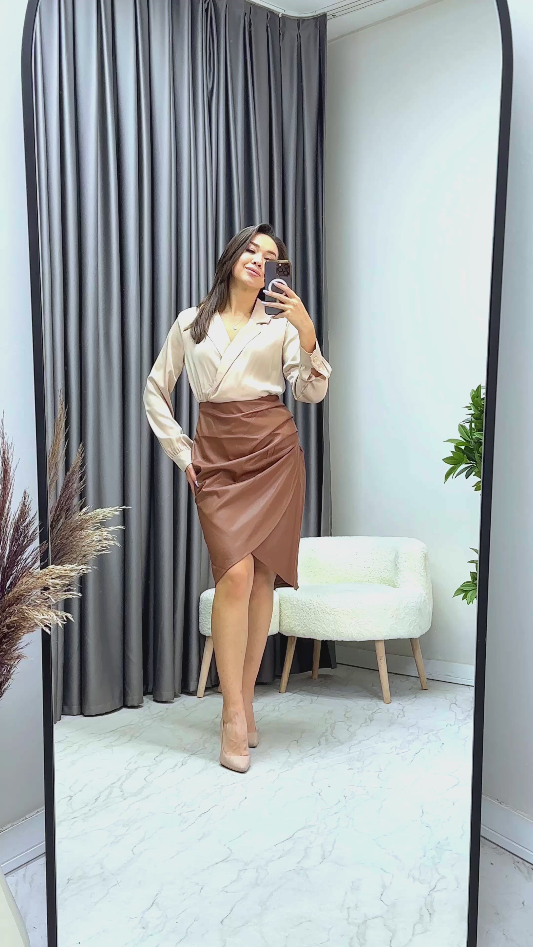 Kahverengi Suni Deri Etek Bluz Elbise