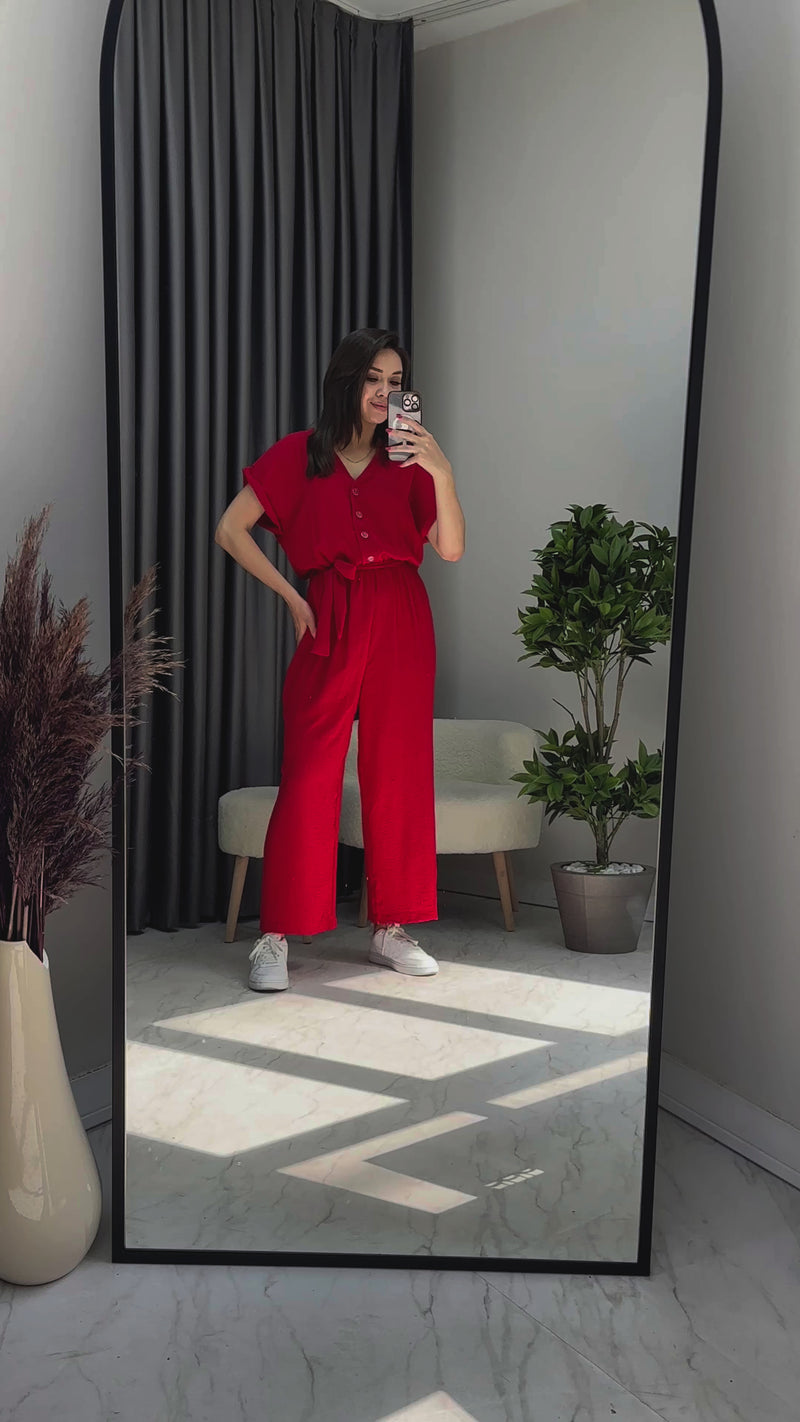 Kadın Kırmızı Bol Paça Kuşaklı Tulum