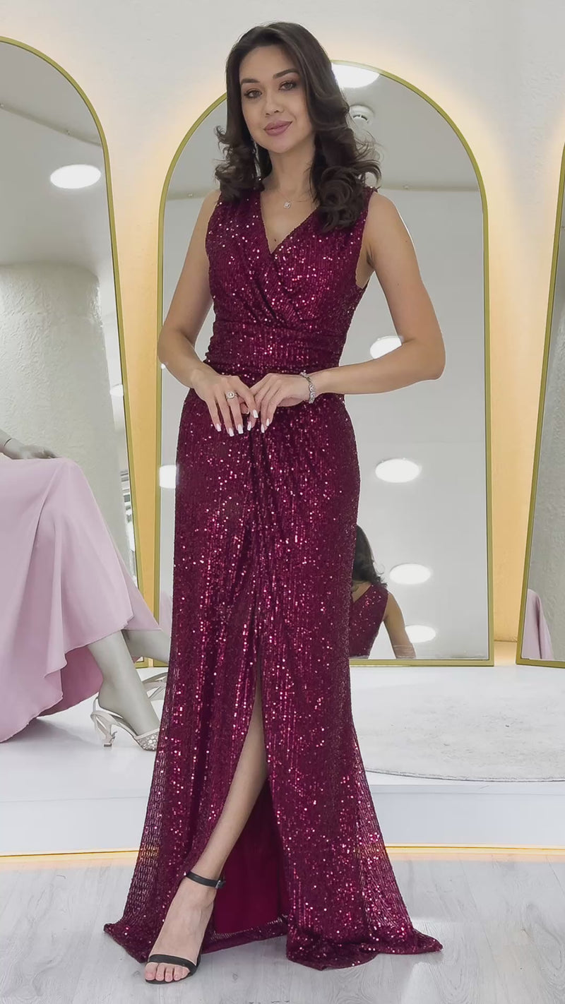 Kadın Bordo Kruvaze Yaka Payet Tasarım Sıfır Kol Yırtmaçlı Balık Abiye Elbise