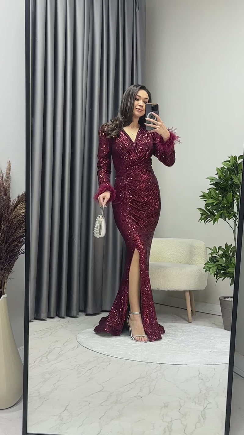 Bordo Kruvaze Yaka Otriş Detay Pul Payet Yırtmaçlı Balık Abiye Elbise