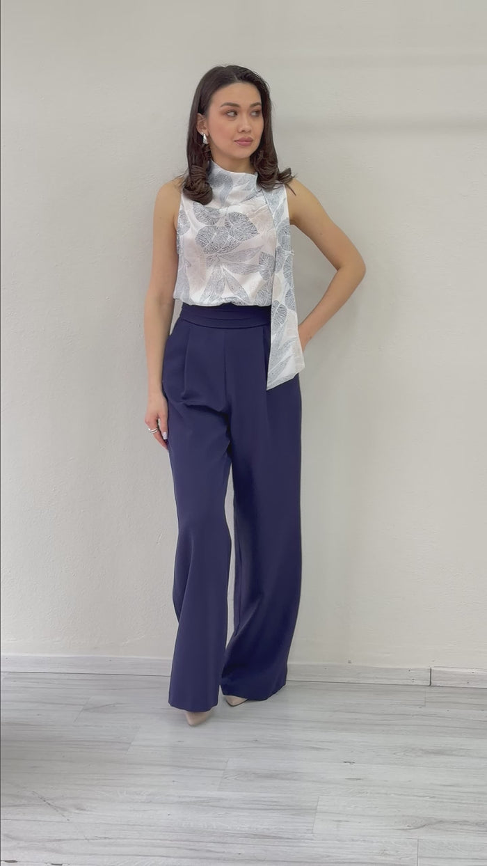 Kadın Lacivert Desenli Bluz Pantolon İkili Takım