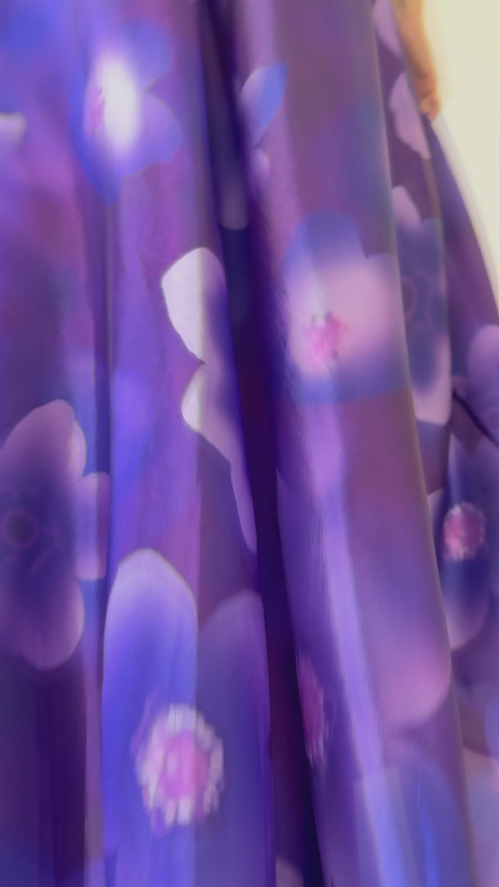 Mor Çiçekli Askılı Sırt Dekolteli Uzun Abiye Elbise