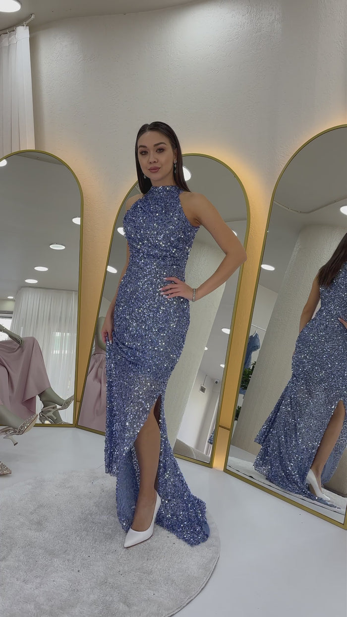 Halter Yaka Pul Payet Kuyruklu Abiye Elbise