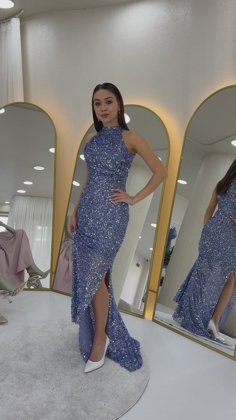 Halter Yaka Pul Payet Kuyruklu Abiye Elbise