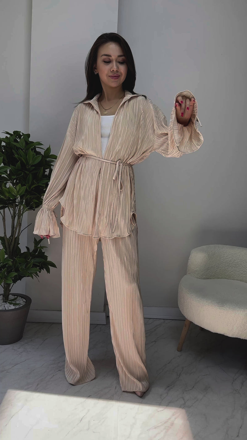 Kadın Bej Krinkıl Fitilli Kimono Pantolon Takım