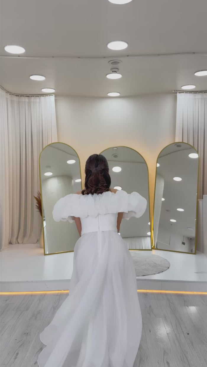 Pudra Volan Yaka Taş Kemer Detay Tül Prenses Abiye