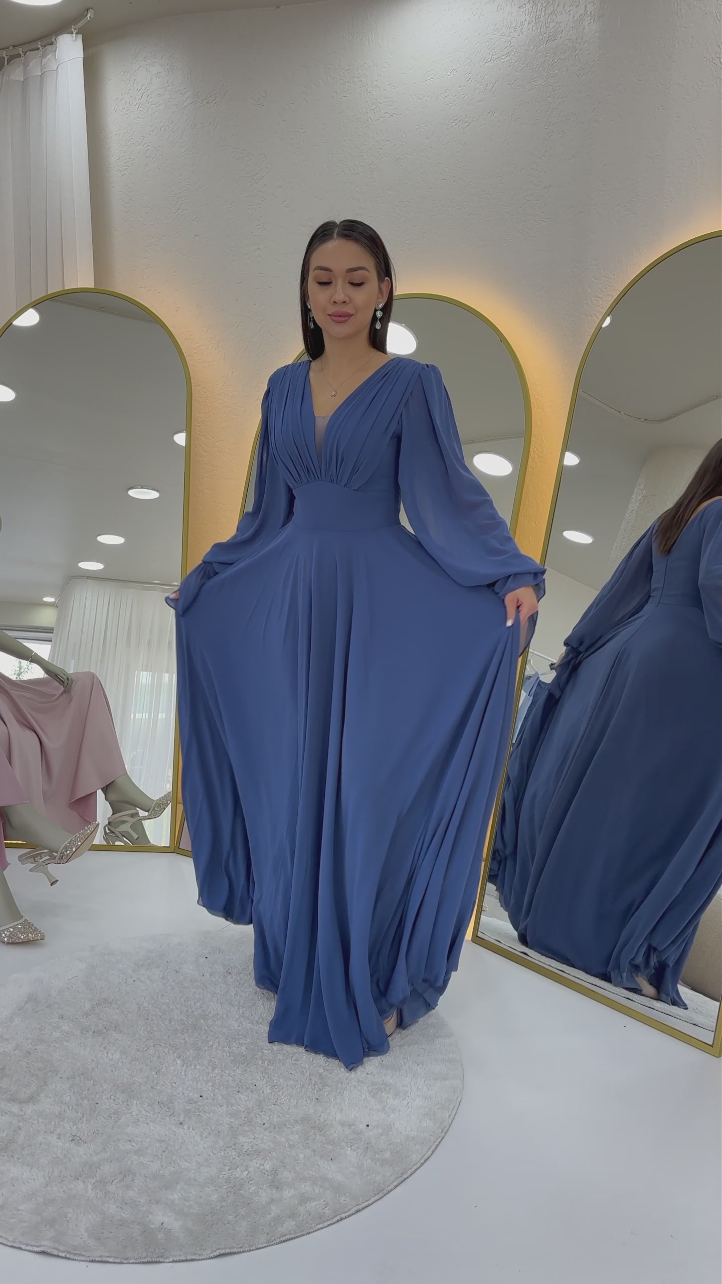 Uzun Kol Ön Büzgülü Maxi Boy Abiye 