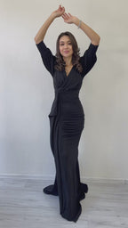 Balon Kol Simli Drapeli Volan Detay Balık Abiye Elbise