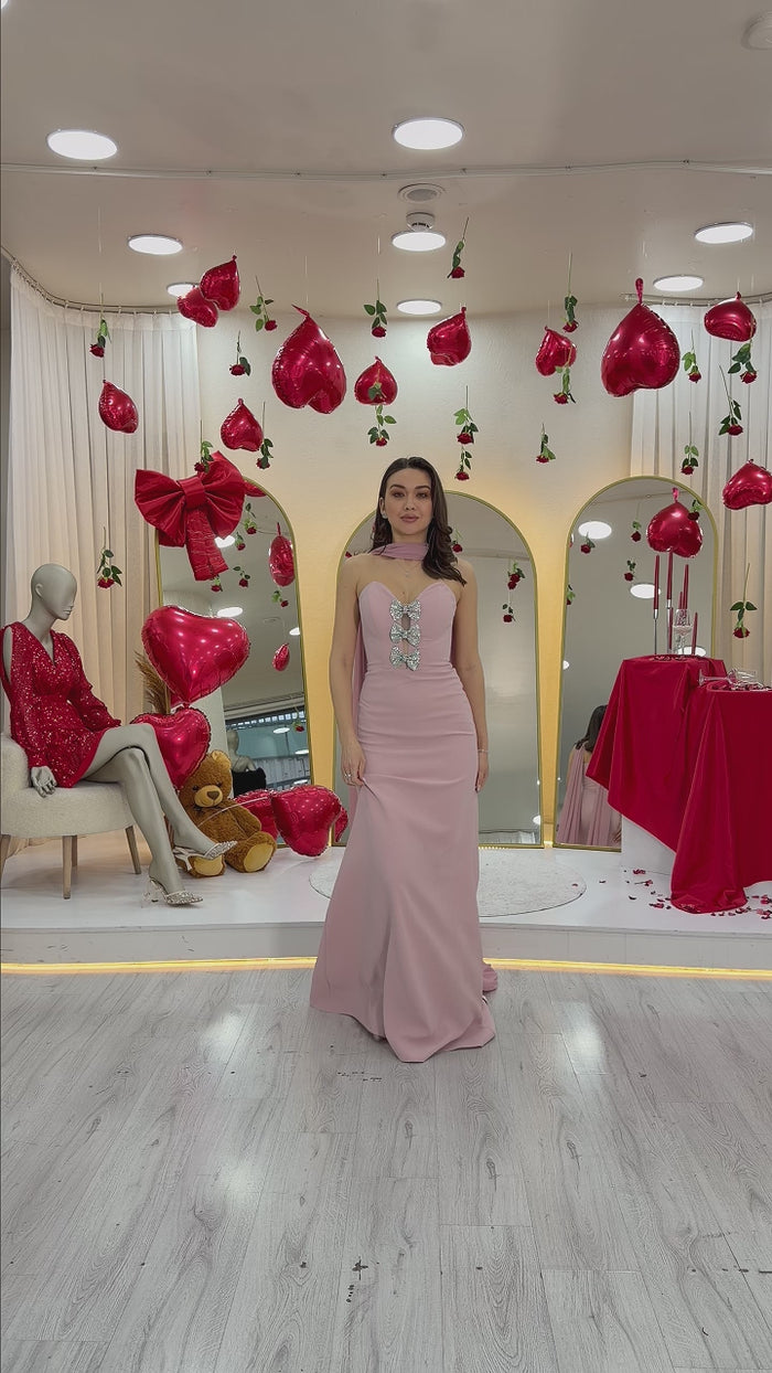 Pudra Fiyonk Detaylı Fularlı Straplez Balık Abiye Elbise