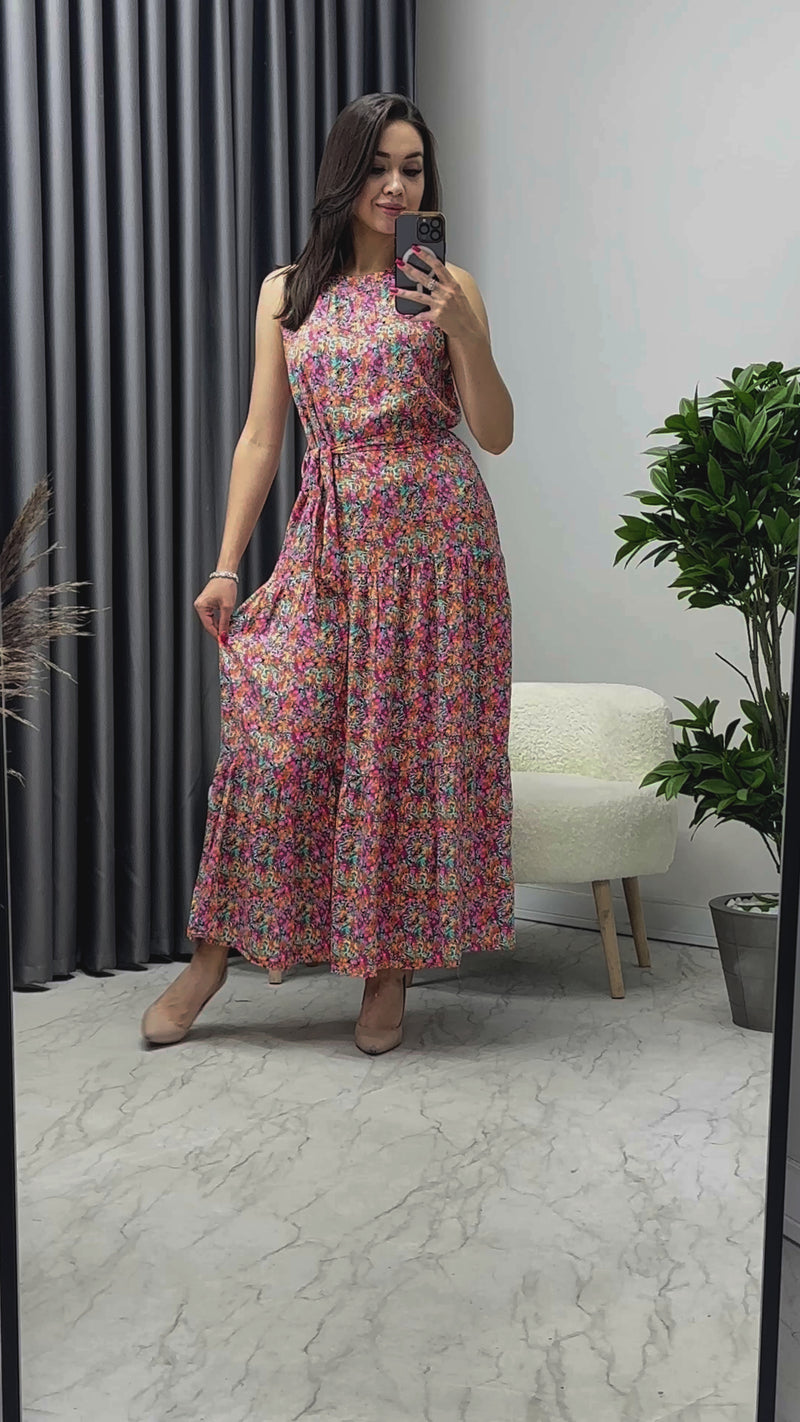 Kadın Halter Yaka Pembe Çiçekli Elbise