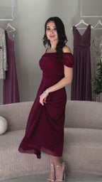 Kadın Bordo Midi Boy Kloş Askılı Düşük Omuz Abiye Elbise