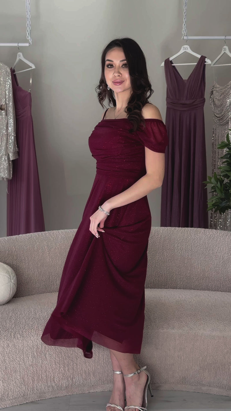 Kadın Bordo Midi Boy Kloş Askılı Düşük Omuz Abiye Elbise