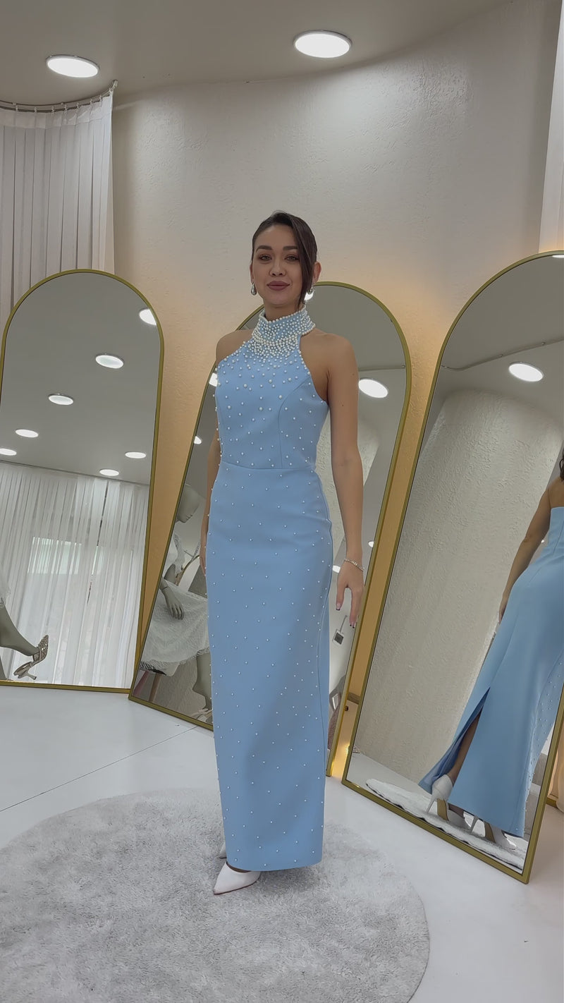 İncili Halter Yaka Abiye Elbise