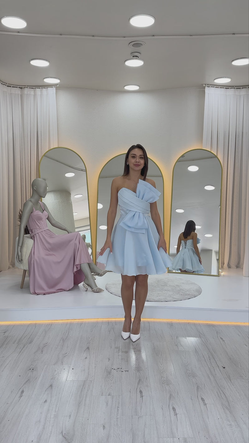 Bebe Mavi Fiyonklu Straplez Mini Kloş Abiye Elbise