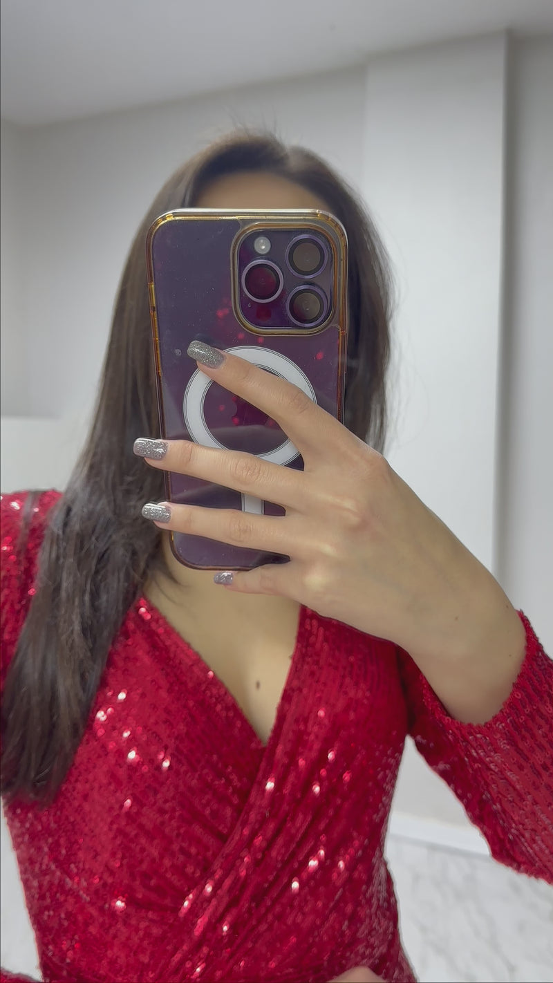 Kırmızı Kruvaze Yaka Payet Tasarım Uzun Kollu Abiye Elbise

