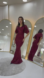 Kadın Bordo Volan Kol Pul Payet Balık Abiye Elbise