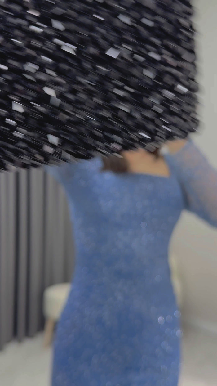 İndigo Kare Yaka Simli Midi Kalem Abiye Elbise Yeni Desen