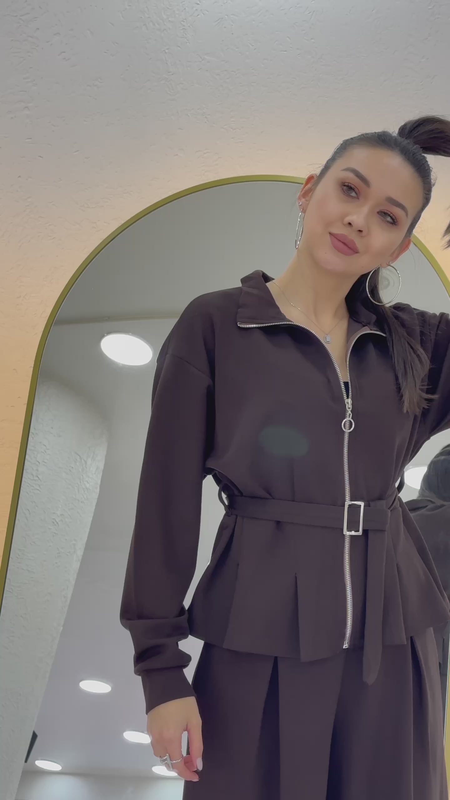 Fermuarlı Kemer Detay Geniş Paça Modal İkili Takım