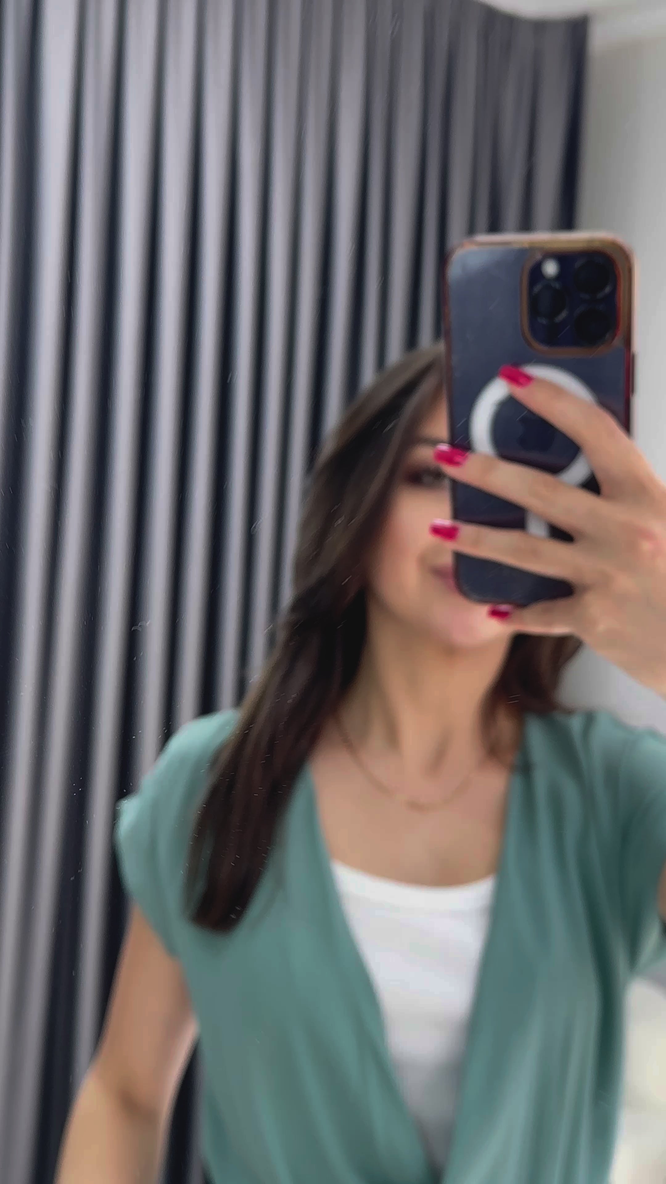 Su Yeşili Kruvaze Yaka Kuşaklı Kısa Kol Tulum