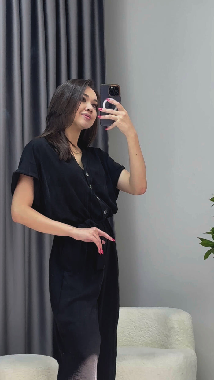 Kadın Siyah Bol Paça Kuşaklı Tulum