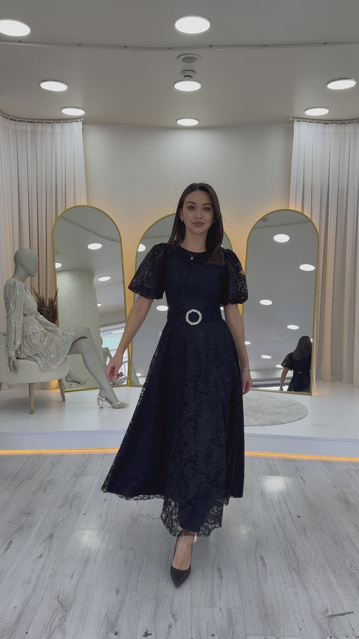 Balon Kol Maxi Boy Kemerli Dantel Elbise