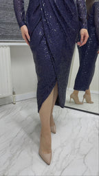 Lacivert Kruvaze Yaka Payet Tasarım Uzun Kollu Abiye Elbise

