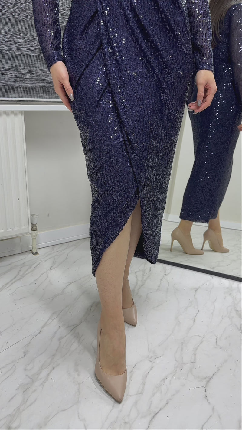 Lacivert Kruvaze Yaka Payet Tasarım Uzun Kollu Abiye Elbise

