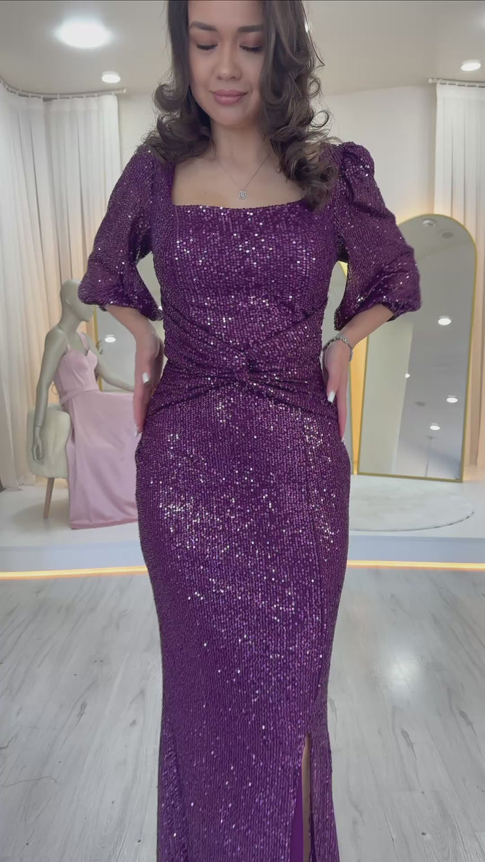  Pul Payet Ön Büzgülü Balon Kol Yırtmaçlı Büyük Beden Abiye Elbise