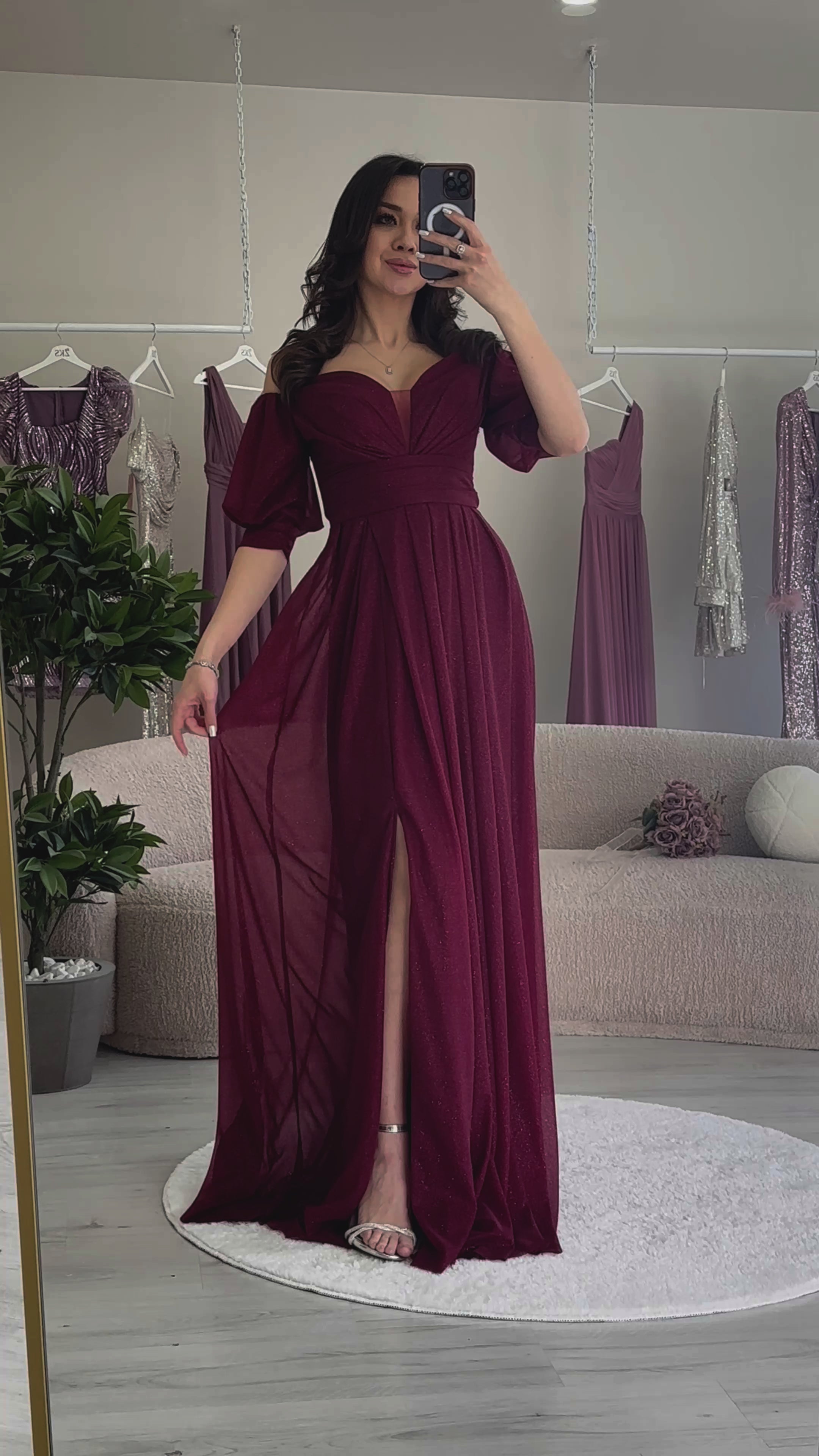 Kadın Bordo Kısa Kol Drapeli Abiye Elbise