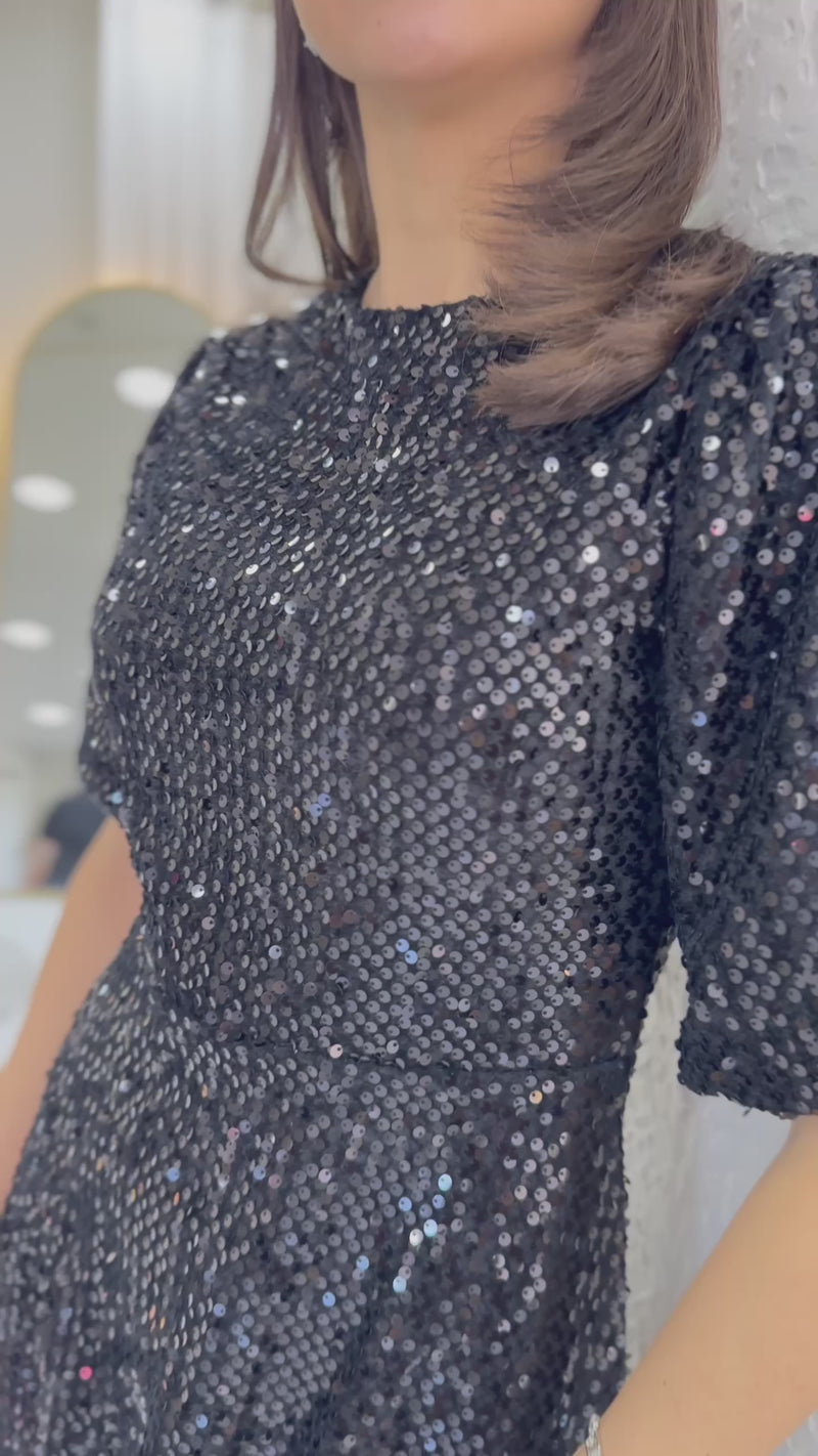 Balon Kol Pul Payet Midi Boy Abiye Elbise