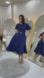 Kadın Lacivert Balon Kol Taş Kemerli Midi Boy Saten Abiye Elbise