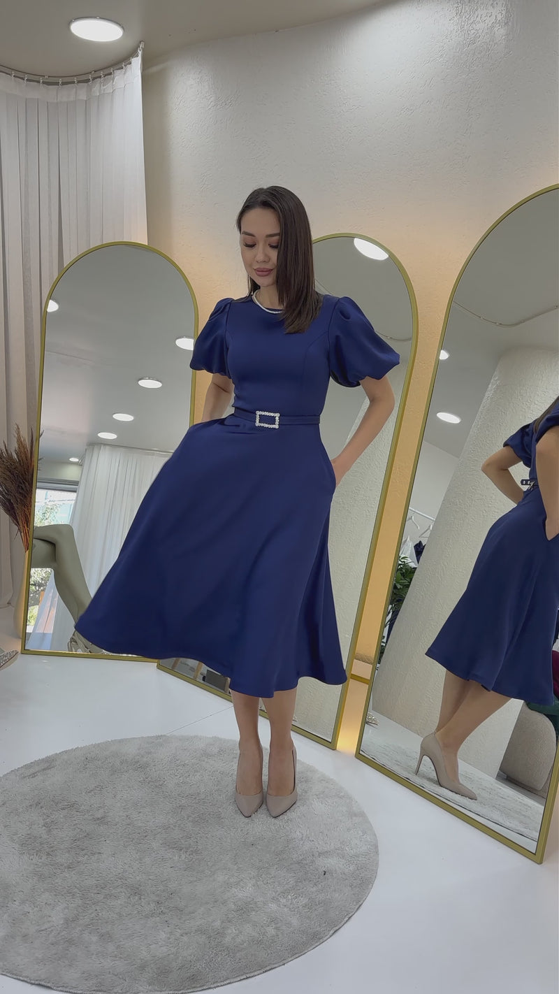 Kadın Lacivert Balon Kol Taş Kemerli Midi Boy Saten Abiye Elbise