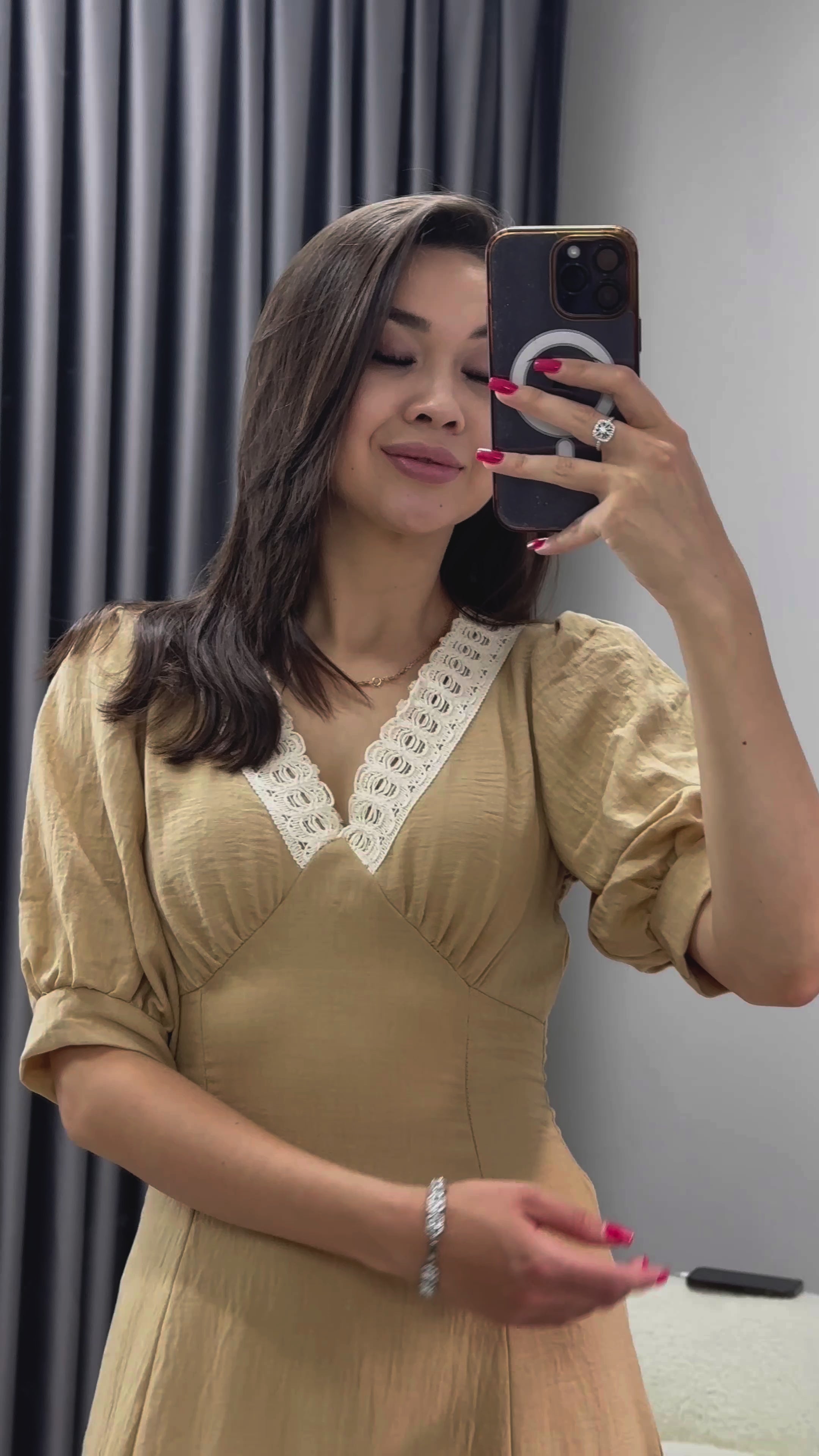 Kadın Hardal Kısa Kol Midi Güpür Yaka Keten Elbise