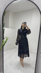 Siyah Boyundan Bağlamalı Fransız Güpür Piliseli Abiye Elbise

