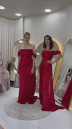 Kadın Düşük Omuz Kırmızı Pul Payet Yırtmaçlı Abiye Elbise