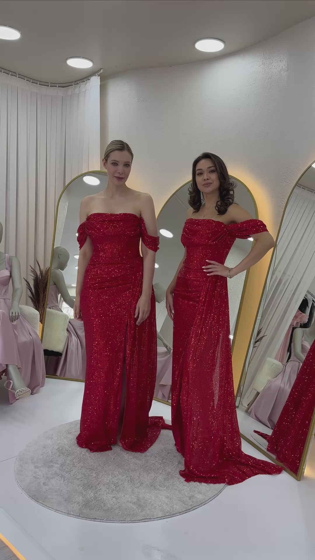 Kadın Düşük Omuz Kırmızı Pul Payet Yırtmaçlı Abiye Elbise