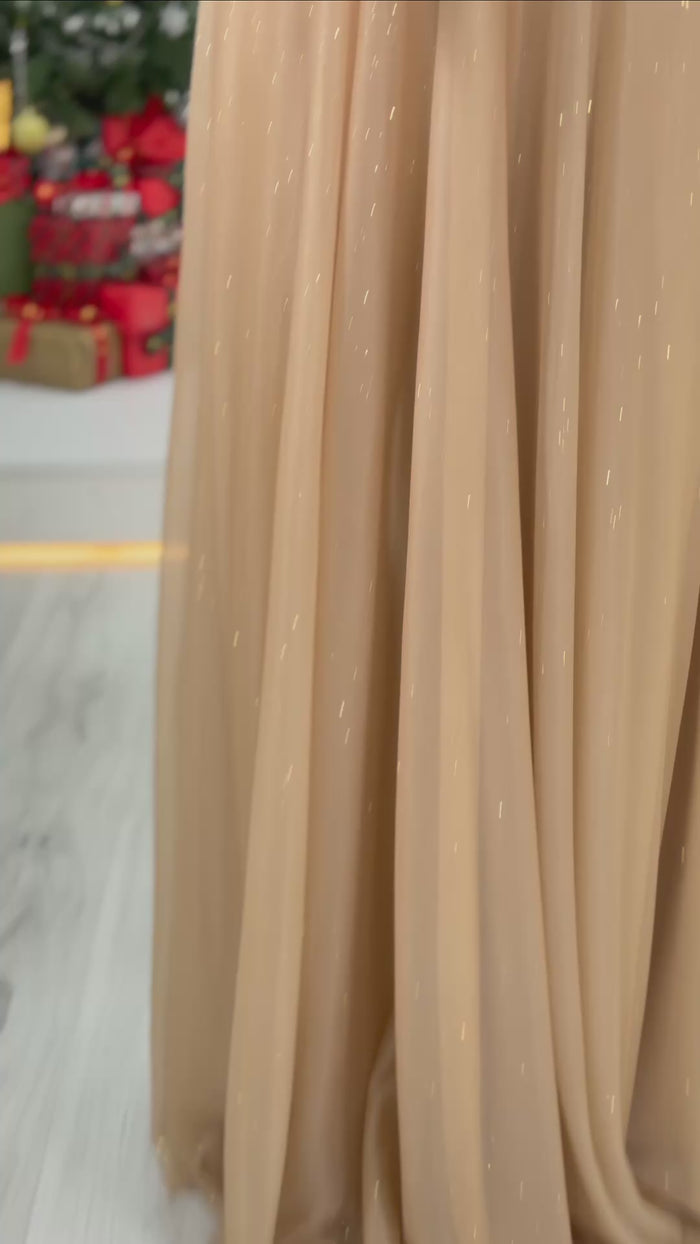 Gold Sıfır Kol Transparan Detay Abiye Elbise