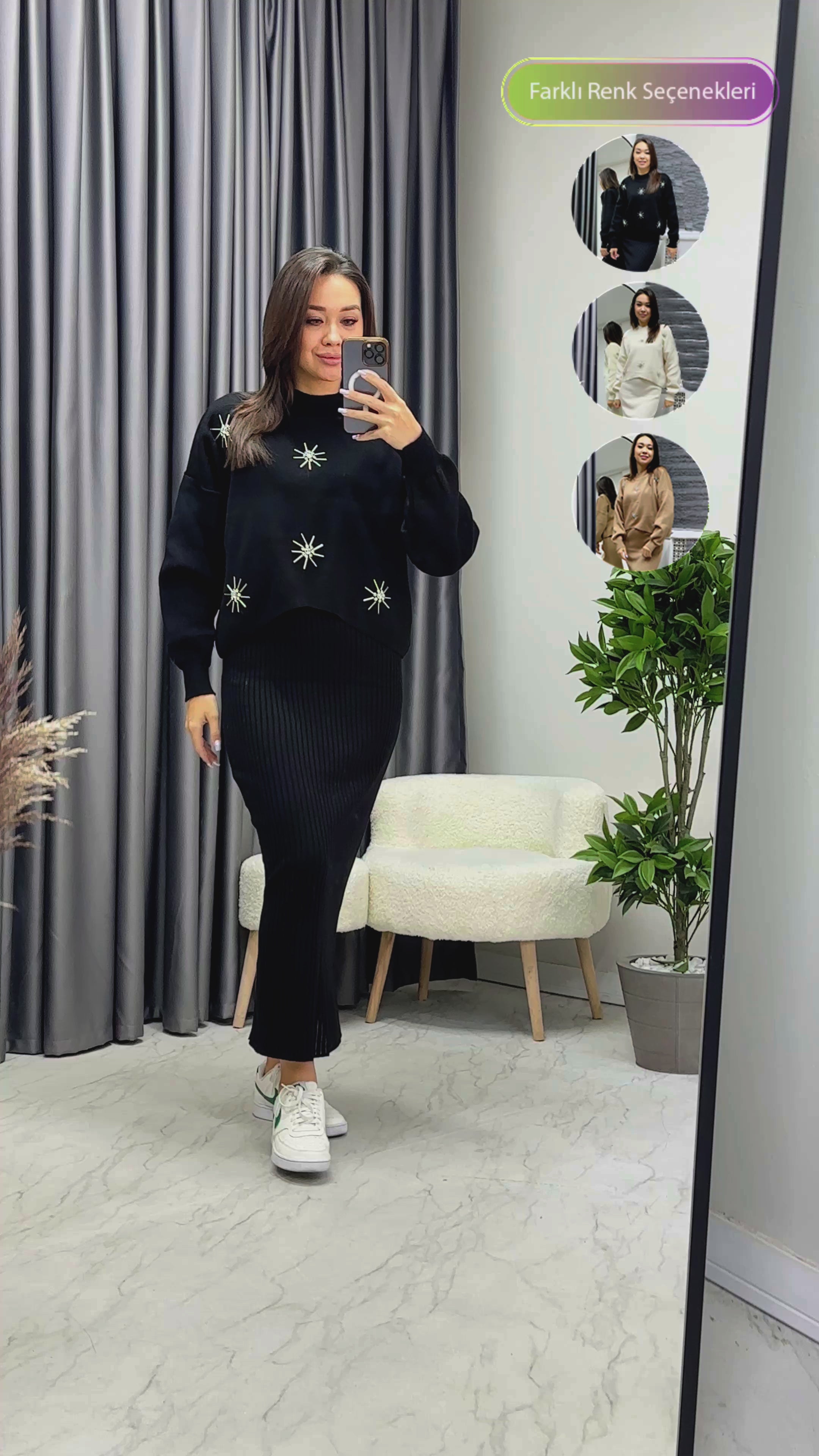 Siyah Taş İşlemeli Elbise Kazak Triko İkili Takım