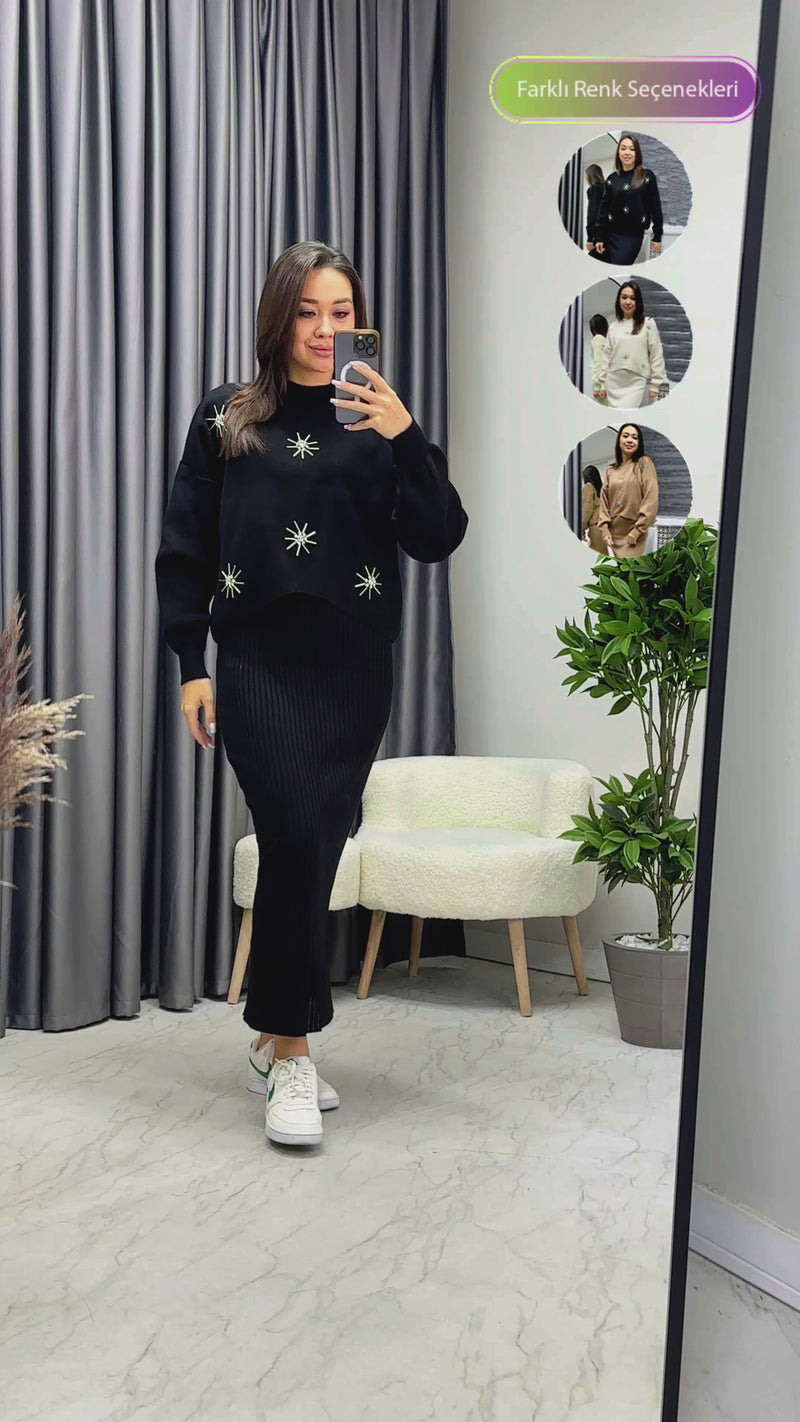 Siyah Taş İşlemeli Elbise Kazak Triko İkili Takım
