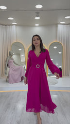 Fuşya Kruvaze Kemerli Midi Boy Şifon Elbise