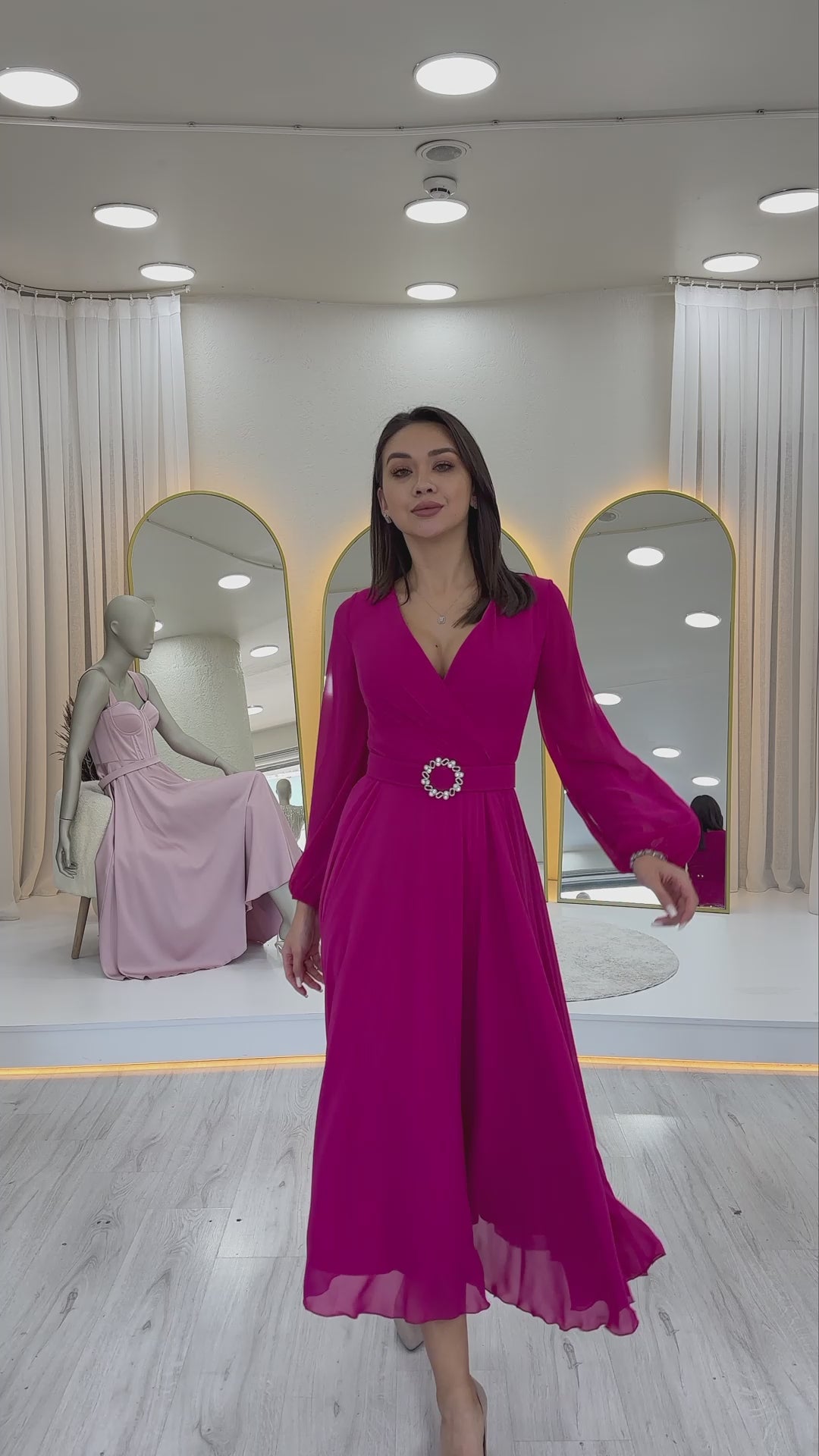 Fuşya Kruvaze Kemerli Midi Boy Şifon Elbise