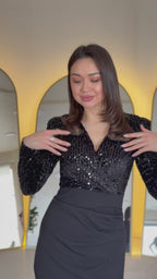 Siyah Pul Payet Kruvaze Yaka Drapeli Midi Boy Abiye Elbise