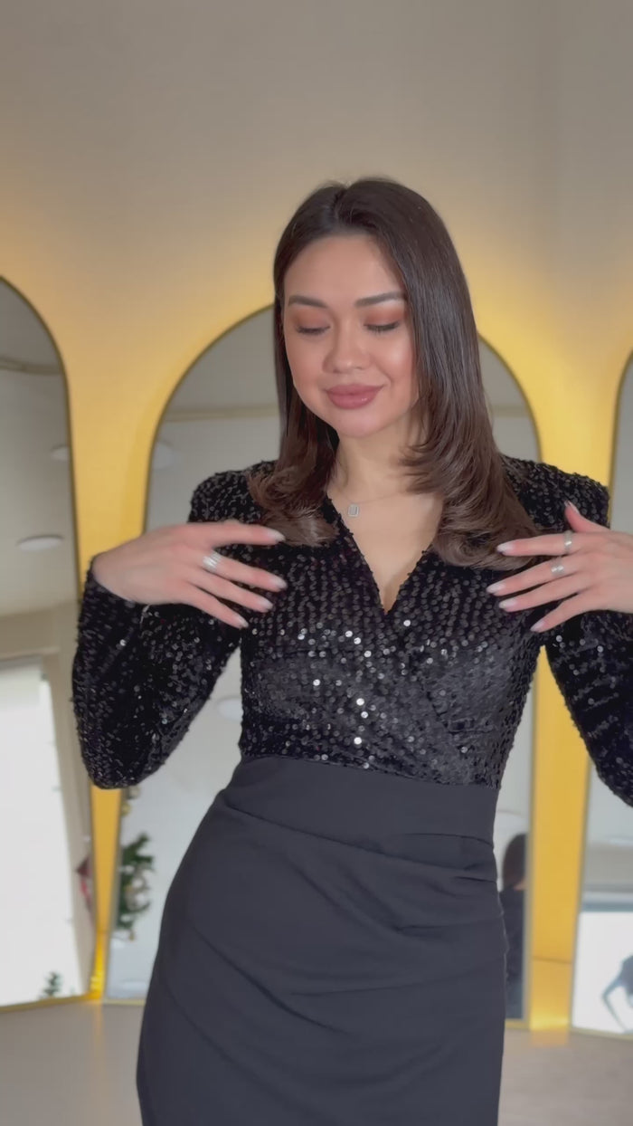 Siyah Pul Payet Kruvaze Yaka Drapeli Midi Boy Abiye Elbise