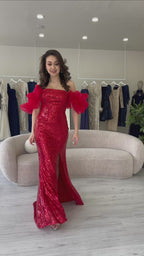 Straplez Pul Payet Yırtmaçlı Tül Kol Detaylı Abiye Elbise