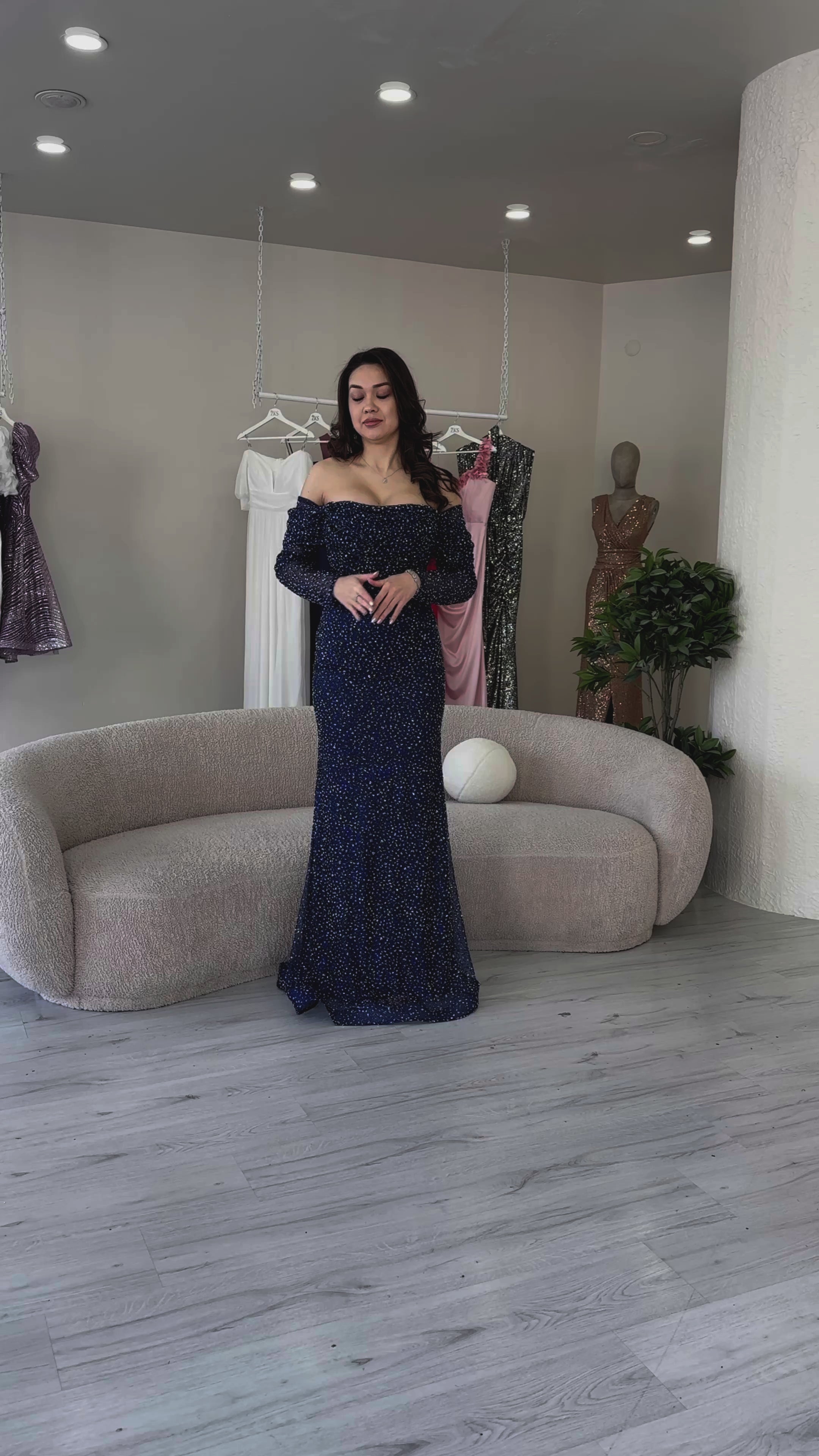 Lacivert Kayık Yaka Taş İşlemeli Uzun Kol Balık Ab