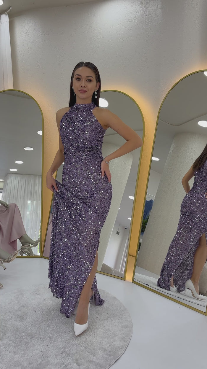 Halter Yaka Pul Payet Kuyruklu Abiye Elbise